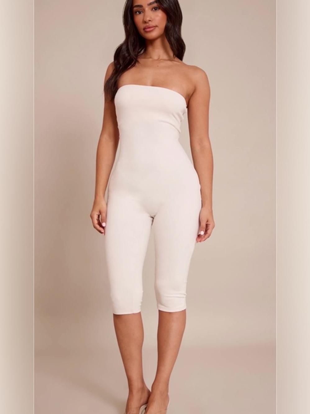 Strapless Cream Knit Jumpsuit Cropped Pants